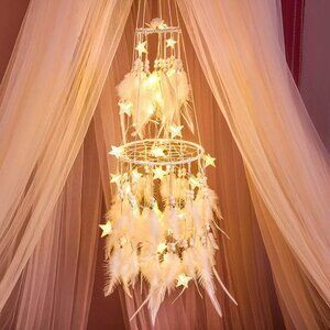 Double Circle White Feather Dream Catcher with Mobile LED Fairy Lights Wall Hang